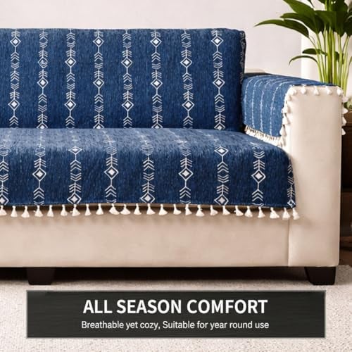 STITCHNEST Chenille Printed Sofa Cover 3 Seater with 2 Hand Rest Covers – Washable Blue Sofa Cover with Tassels – Durable Premium Fabric – Stylish Sofa Protector for Living Room & Furniture Decor - Image 5