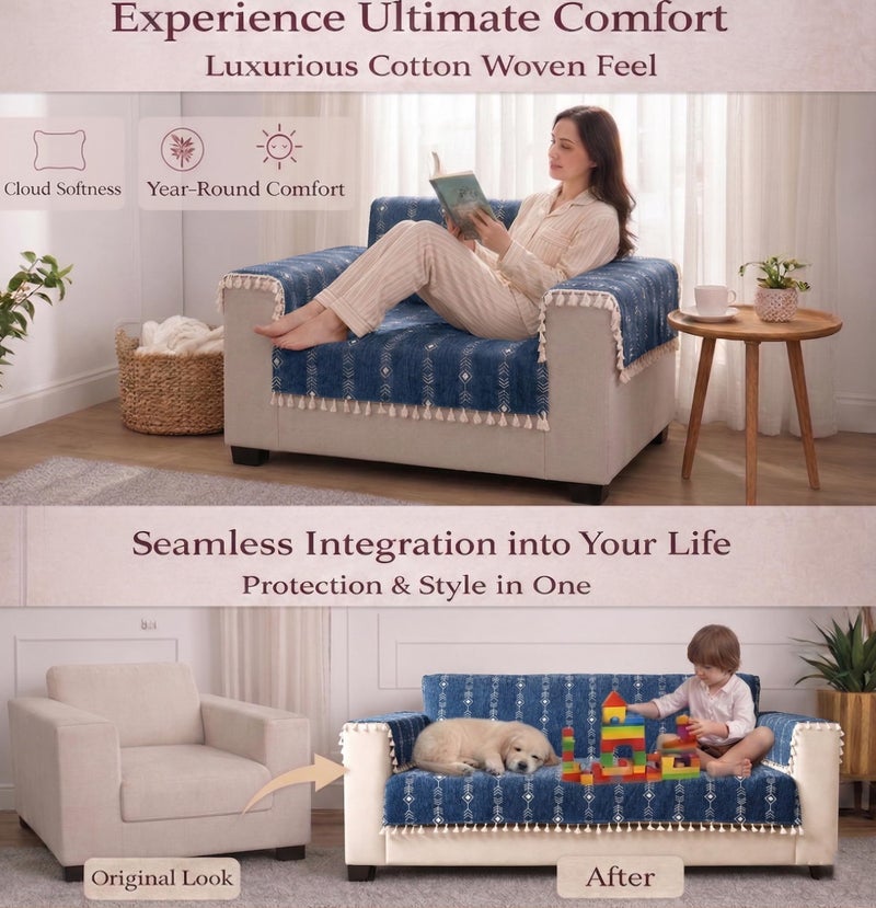 STITCHNEST Chenille Printed Sofa Cover 3 Seater with 2 Hand Rest Covers – Washable Blue Sofa Cover with Tassels – Durable Premium Fabric – Stylish Sofa Protector for Living Room & Furniture Decor - Image 3