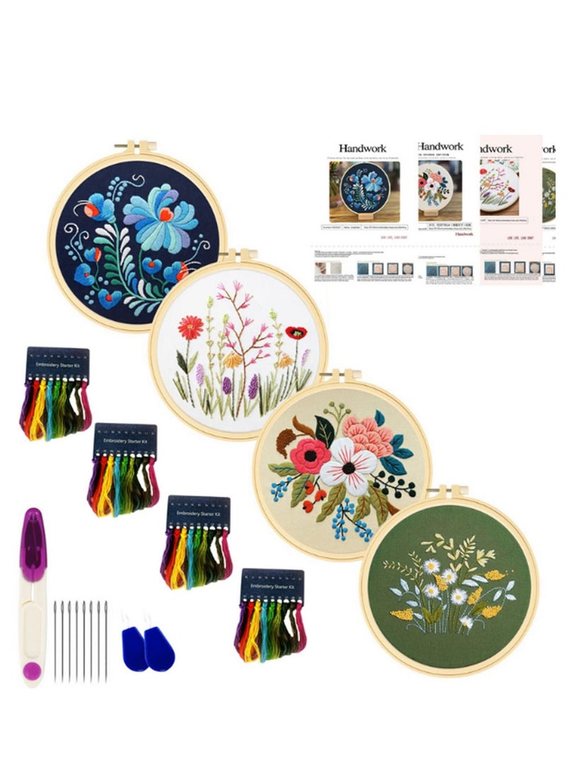 Generic 4 Pack DIY Stamped Embroidery Kit For Starter Flowers Pattern Embroidery Cloth Color Threads Tools Kit 20x20cm  - Image 1
