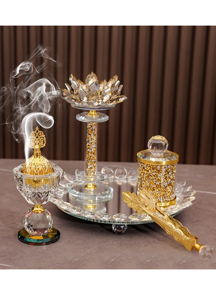 مجموعة مذبحة عود ذهبية رائعة باللوتس الكريستالي – ديكور استحضار رائحة شامل للمنزل - Image 1