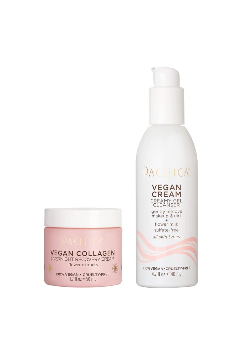Pacifica Pacifica Beauty Vegan Collagen Overnight Recovery Cream  Vegan Cream Creamy Gel Cleanser Set Skincare Face Wash Moisturizer Hyaluronic Acid For Aging Dry Skin 17 oz and 47 oz Set of 2 
