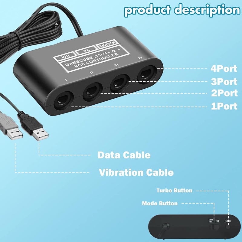 CLOUDREAM Gamecube Controller Adapter for Nintendo Switch / OLED / Switch 2 Gamecube Adapter, Compatible with PC WII U Switch 2, Support 4 Gamecube Controller to Play Supper Smash Bros with 70IN Long Cable - Image 3