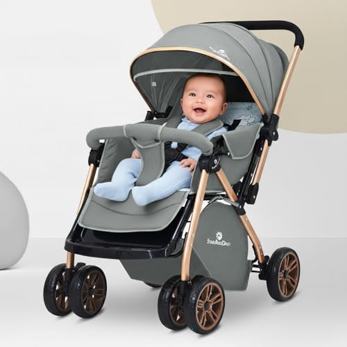 StarAndDaisy Foldable Baby Stroller for 0-3 years Infant & Toddler / Travel Pram for Baby with 360° Swivel Lockable Front Wheels , Multi-Level Recline & Adjustable Footrest, Removable Tray , Safety Harness Belt -Grey - Image 1