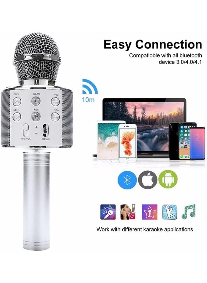 Wireless Bluetooth Karaoke Microphone for Kids, 5-in-1 Portable Handheld Karaoke Mic Speaker Player Recorder with Adjustable Remix FM Radio for Kids Girls Boys Teens Birthday (SLIVER) - Image 5