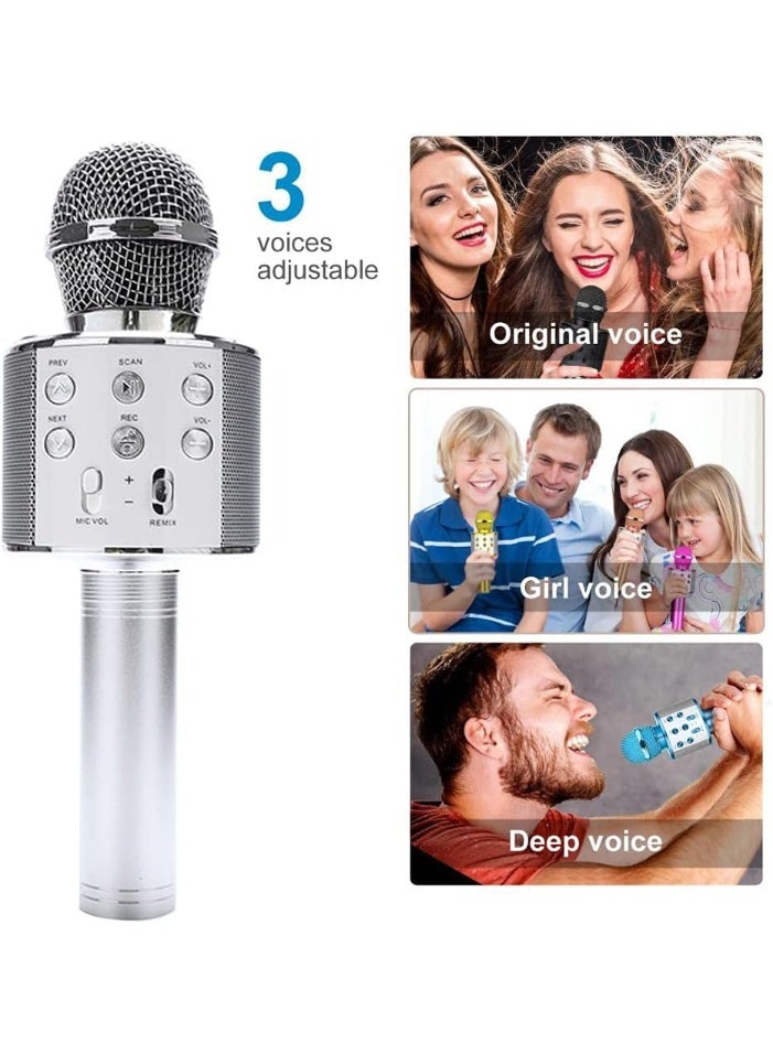 Wireless Bluetooth Karaoke Microphone for Kids, 5-in-1 Portable Handheld Karaoke Mic Speaker Player Recorder with Adjustable Remix FM Radio for Kids Girls Boys Teens Birthday (SLIVER) - Image 4