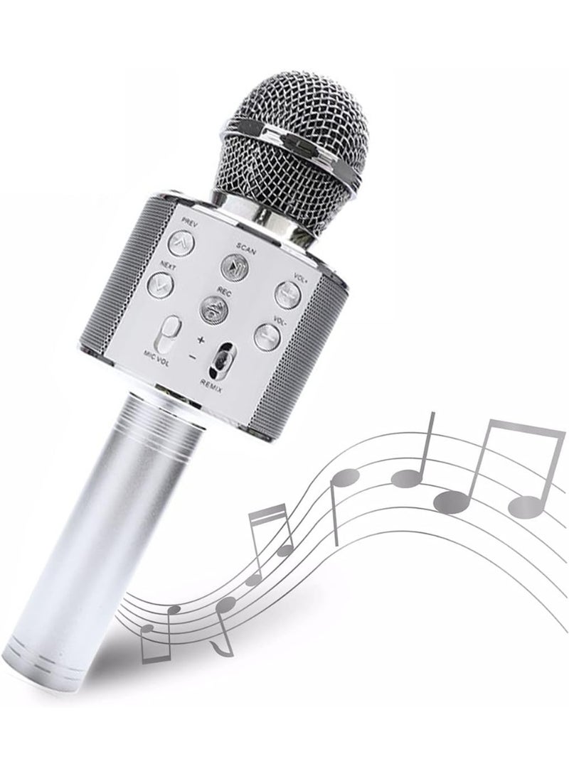 Wireless Bluetooth Karaoke Microphone for Kids, 5-in-1 Portable Handheld Karaoke Mic Speaker Player Recorder with Adjustable Remix FM Radio for Kids Girls Boys Teens Birthday (SLIVER) - Image 1