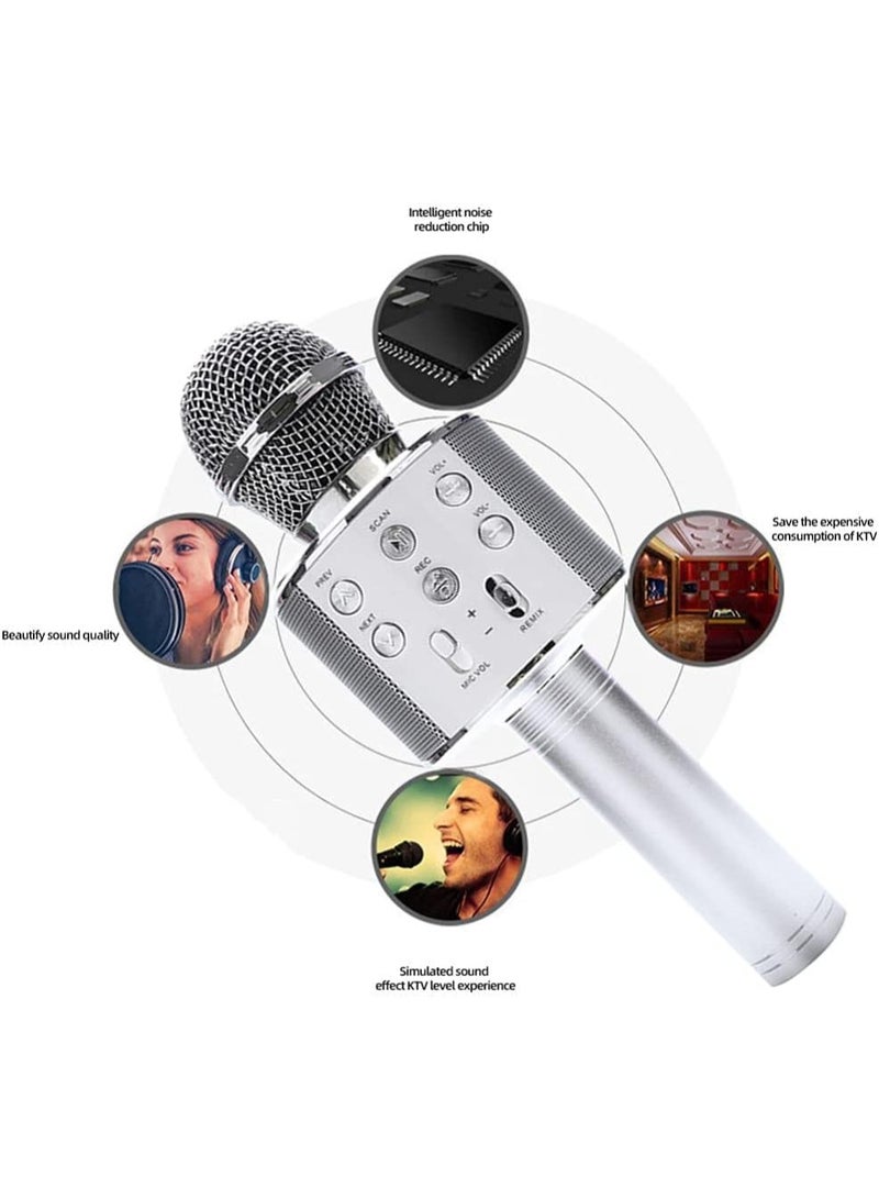 Wireless Bluetooth Karaoke Microphone for Kids, 5-in-1 Portable Handheld Karaoke Mic Speaker Player Recorder with Adjustable Remix FM Radio for Kids Girls Boys Teens Birthday (SLIVER) - Image 3
