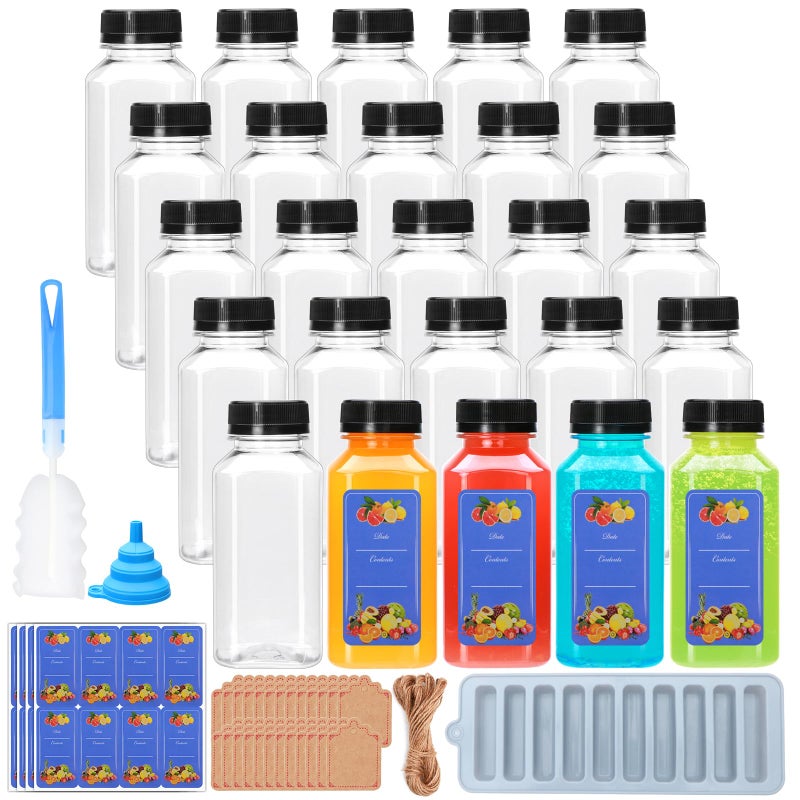 Flrolove 25 Pack 8oz Plastic Juice Bottles with Caps,Clear Drink Containers with Lids,Reusable Clear Bulk Beverage Containers for Juice, Smoothies, Ginger, Tea, Coffee and Other Beverages - Image 1