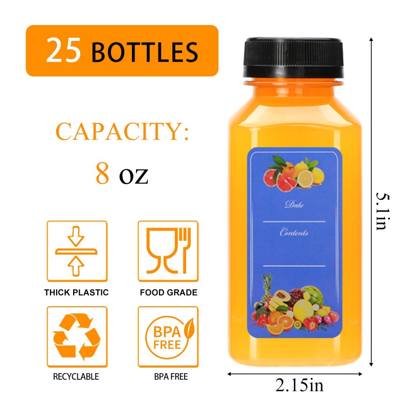 Flrolove 25 Pack 8oz Plastic Juice Bottles with Caps,Clear Drink Containers with Lids,Reusable Clear Bulk Beverage Containers for Juice, Smoothies, Ginger, Tea, Coffee and Other Beverages - Image 2