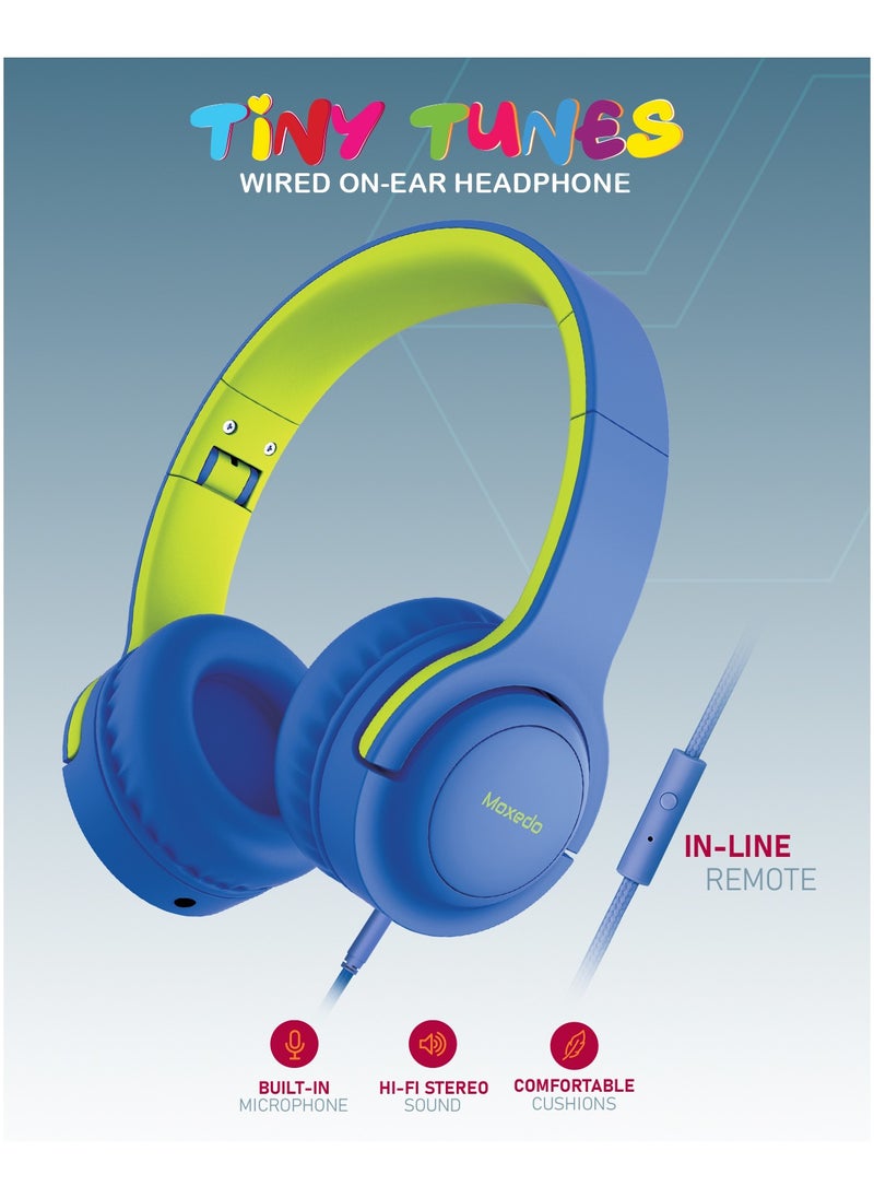 Moxedo - Moxedo Tiny Tunes Wired On-Ear Headphone with In-Line Remote Built-in Microphone Adjustable Foldable Design Stereo Headphone 93dB Compatible for iPad/Phone/Tablet and Other Devices (Blue) - Image 1