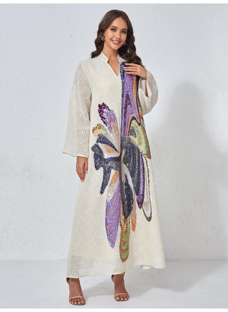 Kaiyuede Abaya Daily Eid Beige Multicolor Abstract Sequin Polyester Stand Collar V-Neck Full Coverage S-XL - Image 4