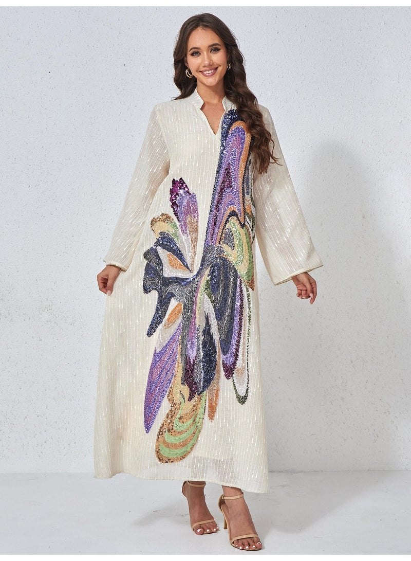 Kaiyuede Abaya Daily Eid Beige Multicolor Abstract Sequin Polyester Stand Collar V-Neck Full Coverage S-XL - Image 1