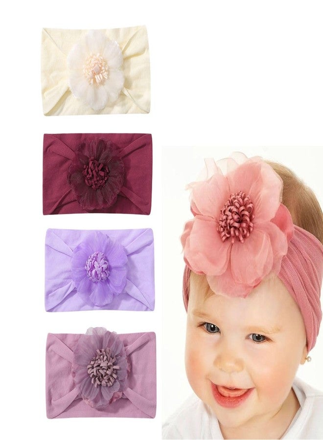 ECLATE ACCESSORIES Baby Girls Top Flower Headwrap Stretchy Silky Headbands Set 4 Pcs for Infant Toddlers (Chiffon Flower 4pcs) - Image 1