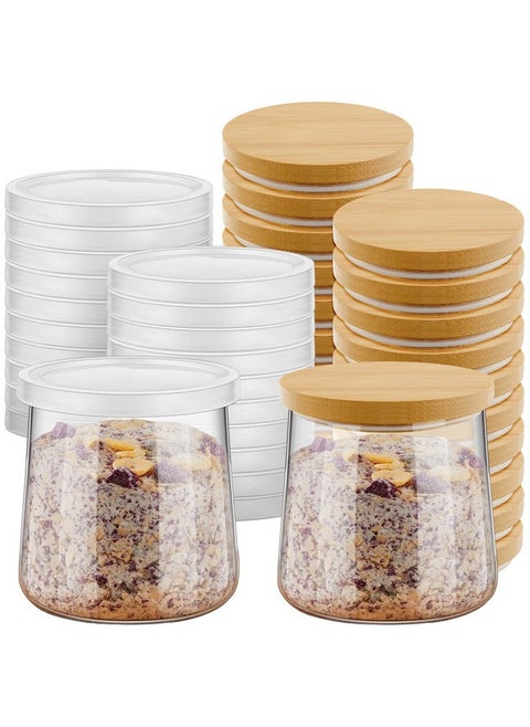 Tessco 40 Pcs Yogurt Jar Lids Set 20 Bamboo Lids with Silicone Sealing Rings 20 Pcs Plastic Yogurt Container Lids Clear Food Storage Replacement Lids Covers Compatible with Oui Yogurt Jars