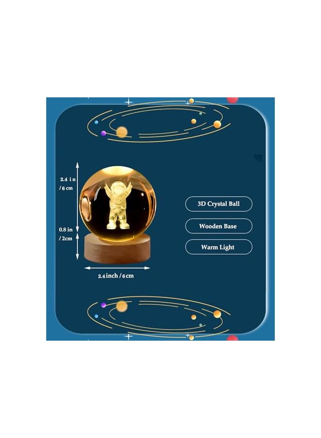 3D Astronaut Crystal Ball Night Light With Wooden Base - LED Galaxy Planet Fantasy Decoration Gift for Kids' Birthday (Astronauts) - Image 2