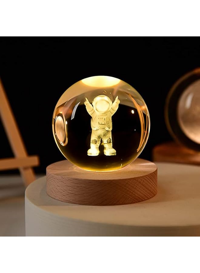 3D Astronaut Crystal Ball Night Light With Wooden Base - LED Galaxy Planet Fantasy Decoration Gift for Kids' Birthday (Astronauts) - Image 1