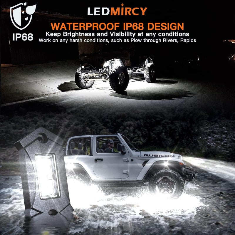 LEDMIRCY أضواء الصخور البيضاء، مجموعة أضواء الصخور LEDMIRCY R3 البيضاء النقية 16 قطعة مع مفتاح تبديل وحزمة الأسلاك أضواء تحت الجسم عالية الطاقة لشاحنات الطرق الوعرة ATV UTV SUV مقاومة للماء والصدمات أضواء مسار الريغ - Image 3