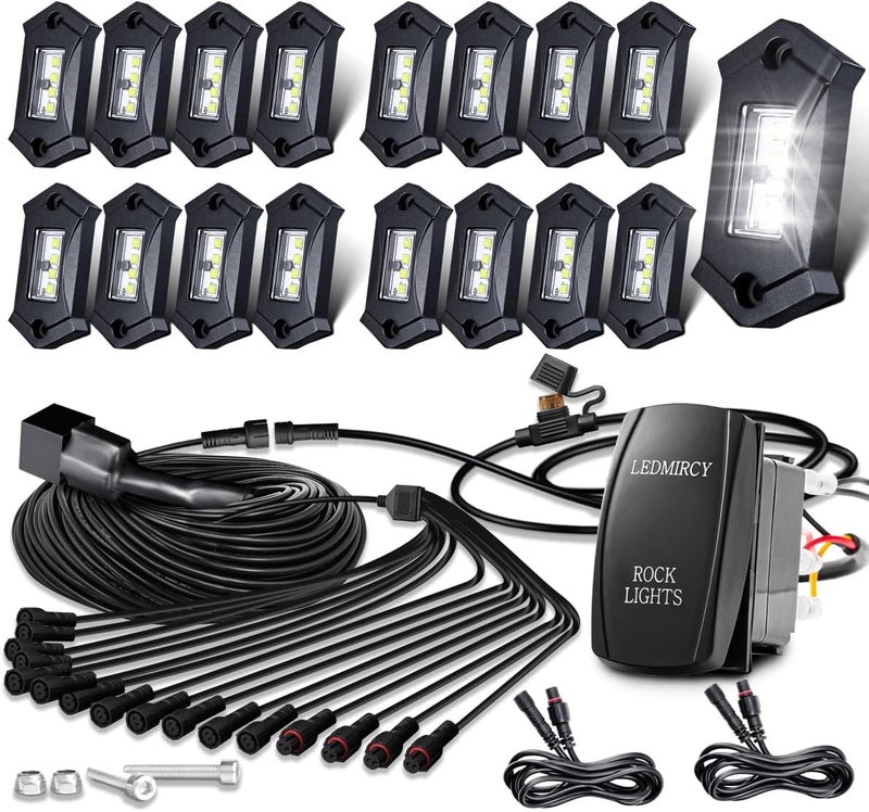 LEDMIRCY أضواء الصخور البيضاء، مجموعة أضواء الصخور LEDMIRCY R3 البيضاء النقية 16 قطعة مع مفتاح تبديل وحزمة الأسلاك أضواء تحت الجسم عالية الطاقة لشاحنات الطرق الوعرة ATV UTV SUV مقاومة للماء والصدمات أضواء مسار الريغ - Image 1