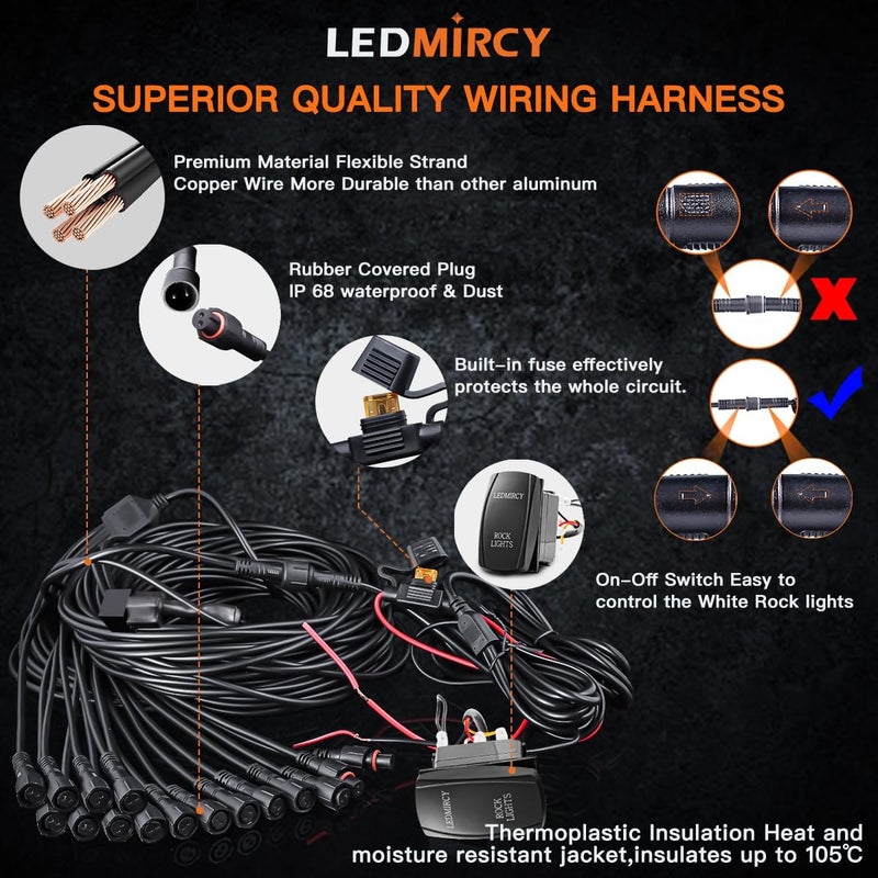 LEDMIRCY أضواء الصخور البيضاء، مجموعة أضواء الصخور LEDMIRCY R3 البيضاء النقية 16 قطعة مع مفتاح تبديل وحزمة الأسلاك أضواء تحت الجسم عالية الطاقة لشاحنات الطرق الوعرة ATV UTV SUV مقاومة للماء والصدمات أضواء مسار الريغ - Image 5