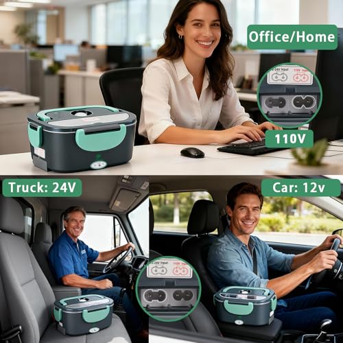 Andmenow Electric Lunch Box for Adults, Electric Lunch Box Food Heater, Portable Food Heater for Travel/Home/Office,12V/24V/110V Heated Lunch Box,Loncheras para Hombres de Trabajo,GreyGreen - Image 3