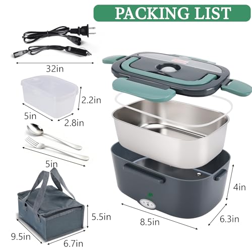 Andmenow Electric Lunch Box for Adults, Electric Lunch Box Food Heater, Portable Food Heater for Travel/Home/Office,12V/24V/110V Heated Lunch Box,Loncheras para Hombres de Trabajo,GreyGreen - Image 2
