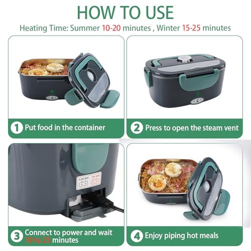 Andmenow Electric Lunch Box for Adults, Electric Lunch Box Food Heater, Portable Food Heater for Travel/Home/Office,12V/24V/110V Heated Lunch Box,Loncheras para Hombres de Trabajo,GreyGreen - Image 4