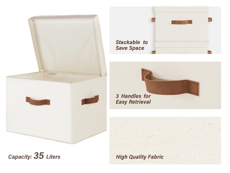StorageWorks Fabric Storage Bins with Lid, Decorative Storage Boxes for Shelves, Stackable Closet Organizer Basket with Handles, Jumbo, Ivory White, 2-Pack - Image 3