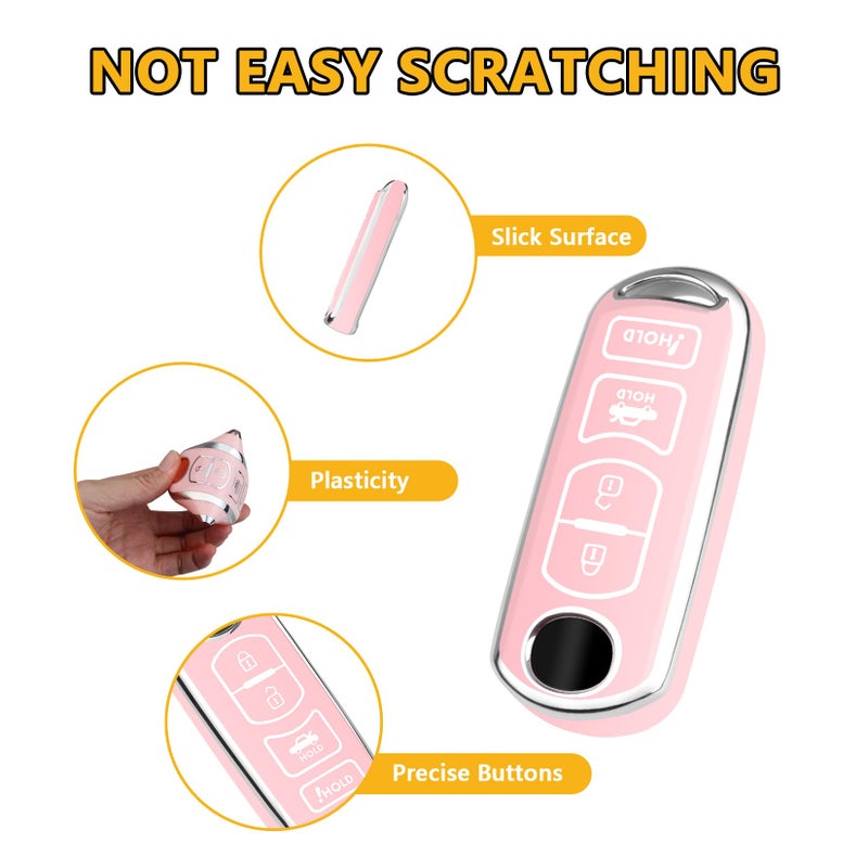 FT FUNTOR for Mazda Key Cover,4 Buttons TPU Key Cover with Silver Edge,Compatible with Mazda 3 6 8 CX-3 CX-5 CX-7 CX-9 atenza Miata MX-5 with Keychain (B-Pink) - Image 4