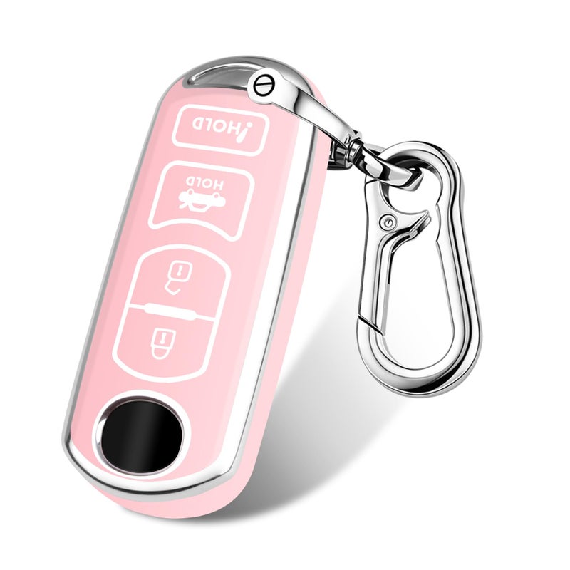 FT FUNTOR for Mazda Key Cover,4 Buttons TPU Key Cover with Silver Edge,Compatible with Mazda 3 6 8 CX-3 CX-5 CX-7 CX-9 atenza Miata MX-5 with Keychain (B-Pink) - Image 1