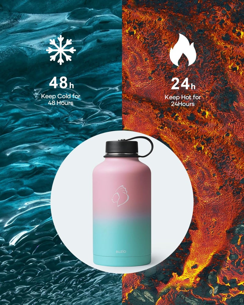 BUZIO Vacuum Insulated Stainless Steel Water Bottle 64oz (Cold for 48 Hrs/Hot for 24 Hrs) BPA Free Double Wall Travel Mug/Flask for Outdoor Sports Hiking, Cycling, Cam,Camping, Running, Bubble Gum - Image 2