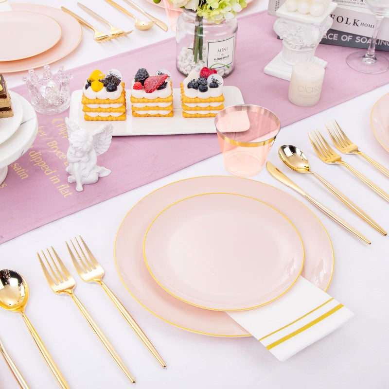 LUODA LUODA MirthMood 210Pcs Pink and Gold Plates  Pink Party Plates  Valentines Plates Includes:30 Pink Dinner Plates  30 Pink Dessert Plates  90 Gold Plastic Cutlery with 30 Paper Towels & 30 Gold Cups - Image 5