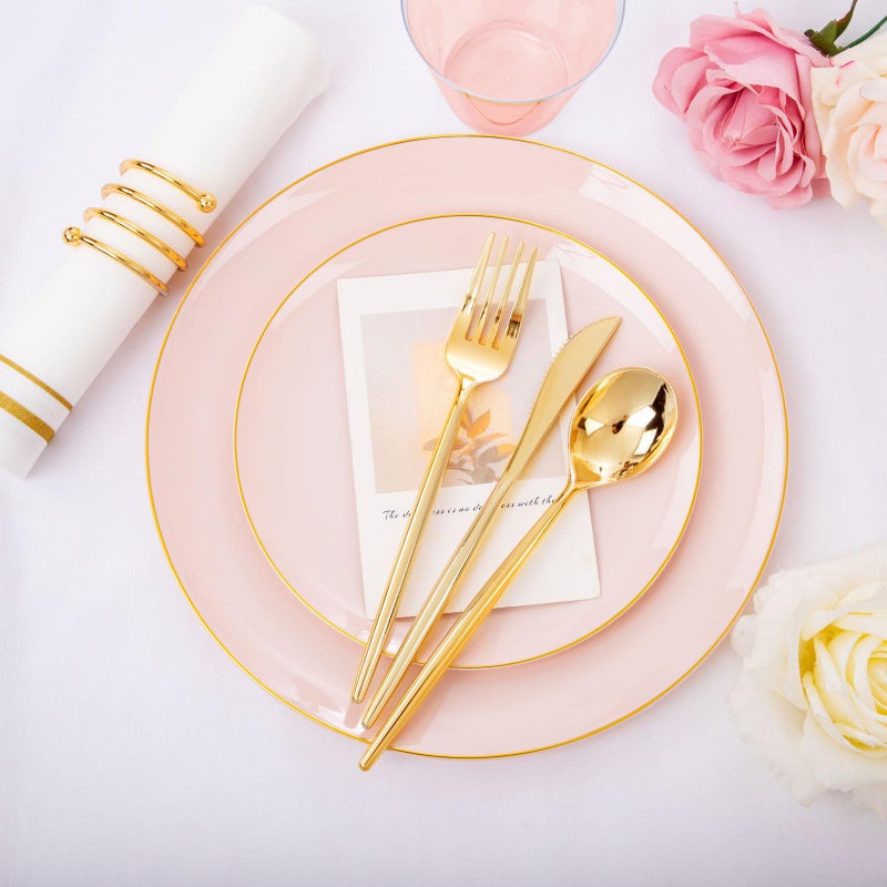 LUODA LUODA MirthMood 210Pcs Pink and Gold Plates  Pink Party Plates  Valentines Plates Includes:30 Pink Dinner Plates  30 Pink Dessert Plates  90 Gold Plastic Cutlery with 30 Paper Towels & 30 Gold Cups - Image 2
