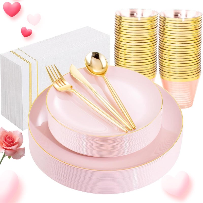 LUODA LUODA MirthMood 210Pcs Pink and Gold Plates  Pink Party Plates  Valentines Plates Includes:30 Pink Dinner Plates  30 Pink Dessert Plates  90 Gold Plastic Cutlery with 30 Paper Towels & 30 Gold Cups - Image 1