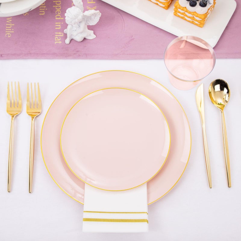 LUODA LUODA MirthMood 210Pcs Pink and Gold Plates  Pink Party Plates  Valentines Plates Includes:30 Pink Dinner Plates  30 Pink Dessert Plates  90 Gold Plastic Cutlery with 30 Paper Towels & 30 Gold Cups - Image 4