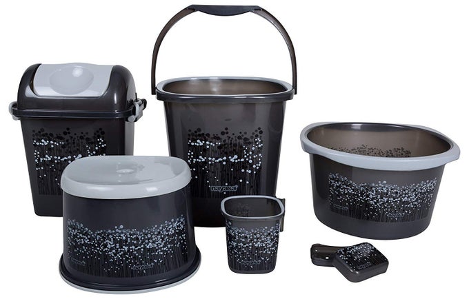 BATHROOM SET 6-PIECES - BUCKET SET - BUCKET - BUCKET SET WITH BATHROOM MUG STOOL PATLA,SOAP CASE,DUSTBIN AND TUB - (25 LITERS, GREY, 6-PIECES)