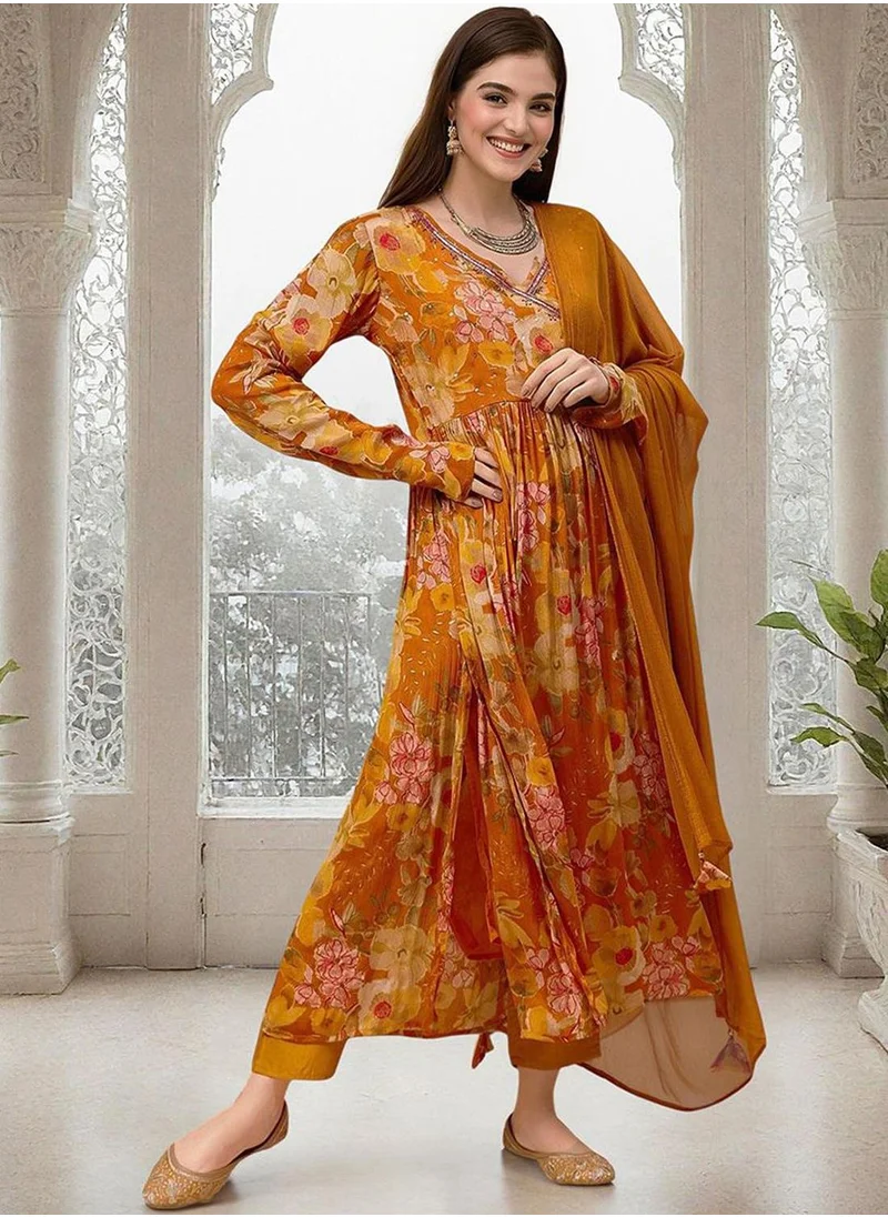 آي شين Women's Yellow Chiffon Printed Tunic Full Length Casual Straight Fit Kurta Set