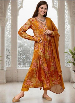 ISHIN Women's Yellow Chiffon Printed Tunic Full Length Casual Straight Fit Kurta Set  - Image 2