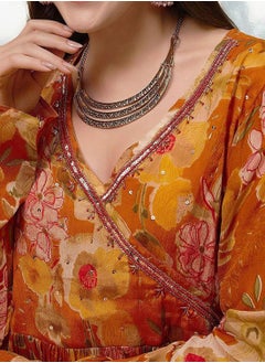 ISHIN Women's Yellow Chiffon Printed Tunic Full Length Casual Straight Fit Kurta Set  - Image 3
