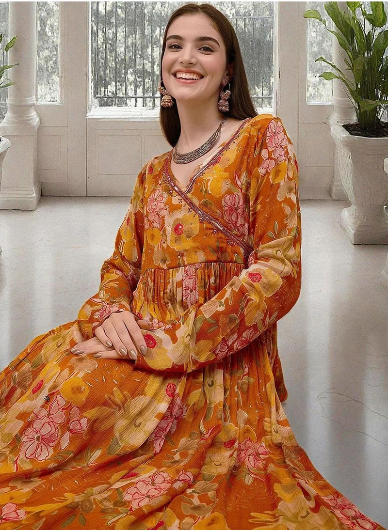 آي شين Women's Yellow Chiffon Printed Tunic Full Length Casual Straight Fit Kurta Set