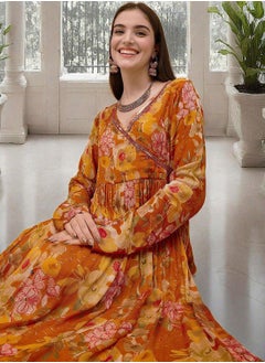 ISHIN Women's Yellow Chiffon Printed Tunic Full Length Casual Straight Fit Kurta Set  - Image 1