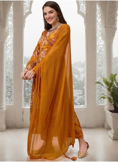 ISHIN Women's Yellow Chiffon Printed Tunic Full Length Casual Straight Fit Kurta Set  - Image 5