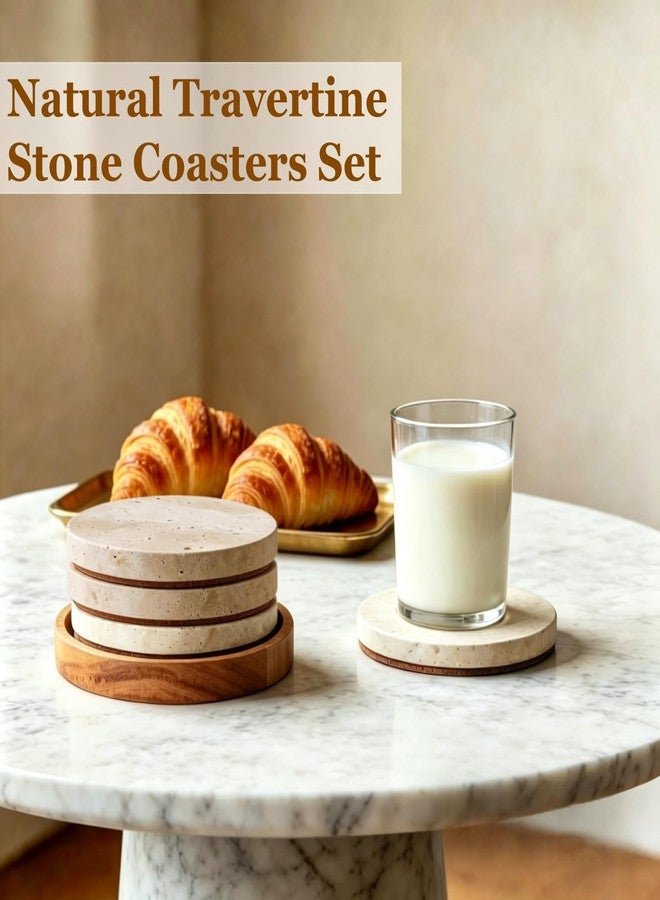 stablerice 4" Round Natural Travertine Marble Coasters with Cork Backing,Stone Drink Coasters Set of 4,Wedding,Housewarming Gift,Travertine Coaster for Protect Tables from Scratches & Stains(With Coaster Holder) - Image 3