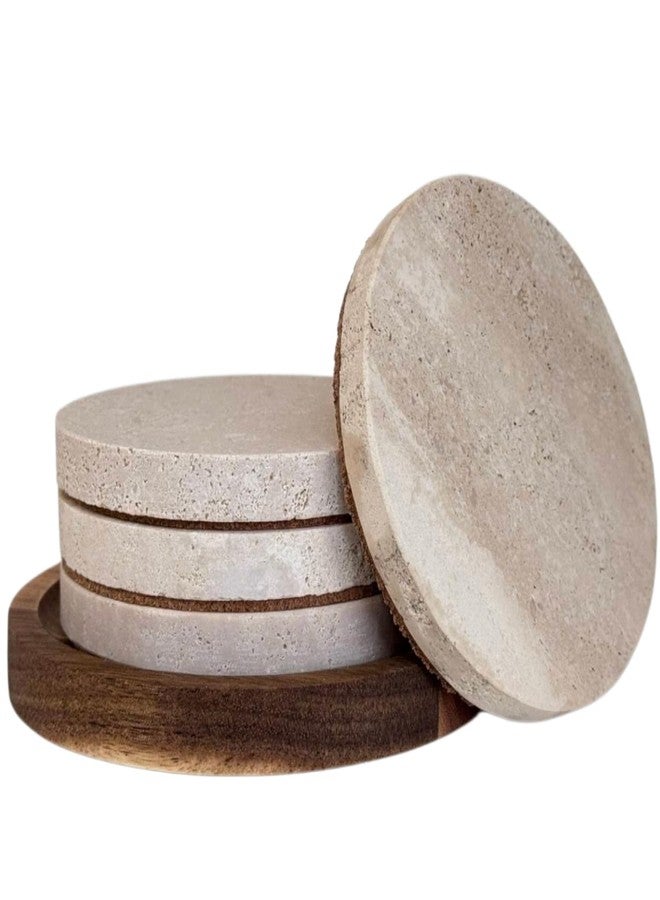 stablerice 4" Round Natural Travertine Marble Coasters with Cork Backing,Stone Drink Coasters Set of 4,Wedding,Housewarming Gift,Travertine Coaster for Protect Tables from Scratches & Stains(With Coaster Holder) - Image 1