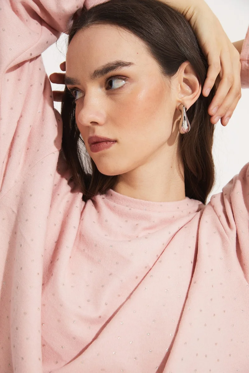 جون Women's Regular Fit Crew Neck Long Sleeve Glitter Detailed Knitted Blouse