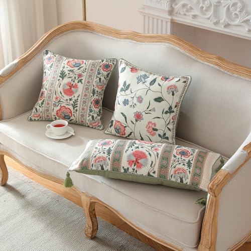 ISAENNE Design Square Retro Elegance Linen Throw Pillow Covers 18"x18" Pack of 2, Green Pink Floral Pattern Cushion Covers Decor Pillowcases for Bed,Living Room,Outdoor,Car - Image 3