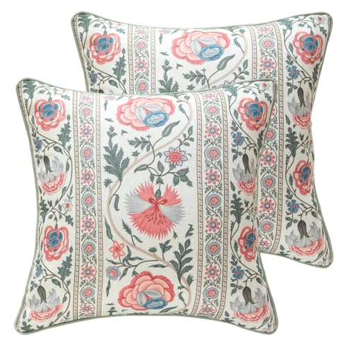 ISAENNE Design Square Retro Elegance Linen Throw Pillow Covers 18"x18" Pack of 2, Green Pink Floral Pattern Cushion Covers Decor Pillowcases for Bed,Living Room,Outdoor,Car - Image 1