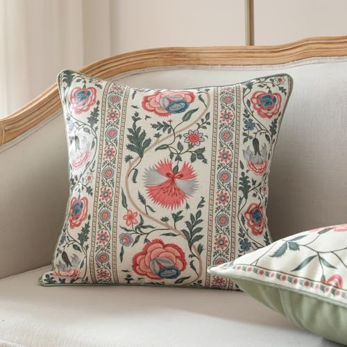 ISAENNE Design Square Retro Elegance Linen Throw Pillow Covers 18"x18" Pack of 2, Green Pink Floral Pattern Cushion Covers Decor Pillowcases for Bed,Living Room,Outdoor,Car - Image 2