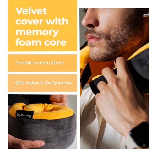 Lifelong Travel Neck Pillow | Premium Memory Foam Neck Support | Adjustable Headrest for Sleeping, Airplane Use | Portable Cushion with Case | Yellow - Image 4