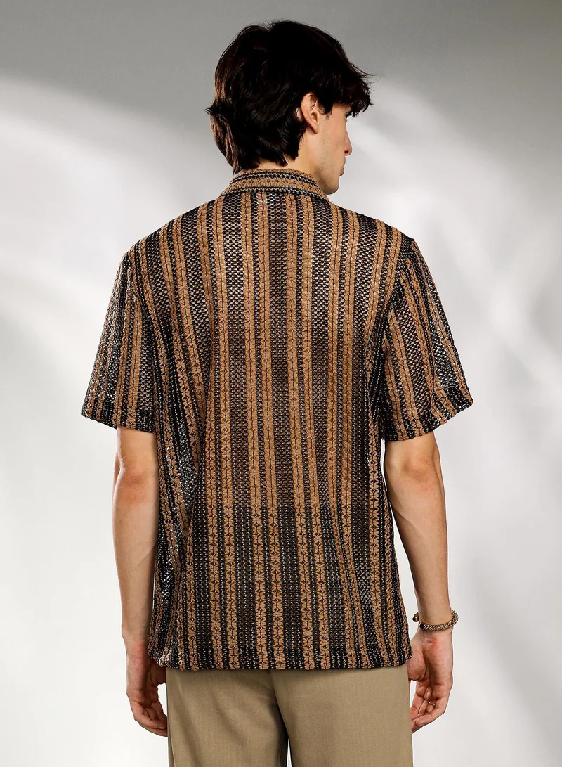 CAHOOT  Men's Camel Brown & Midnight Black Multitrack Knit Oversized Shirt for Men | Best Price UAE