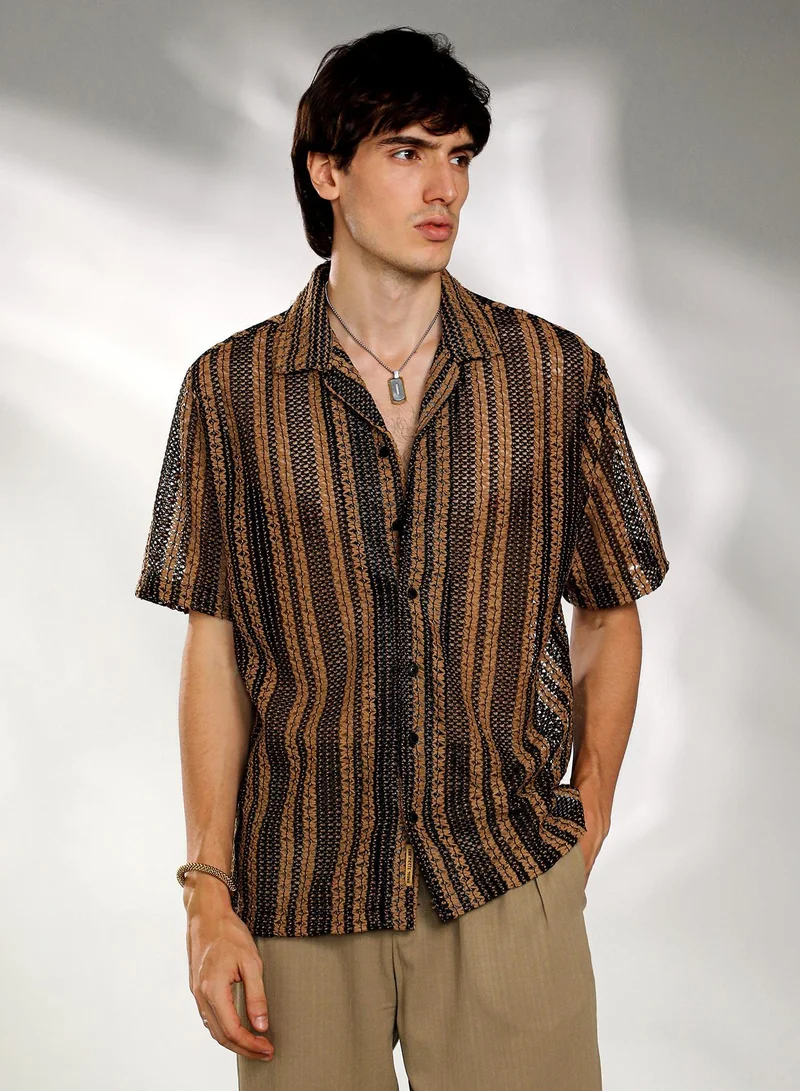Campus Sutra Men's Camel Brown & Midnight Black Multitrack Knit Oversized Shirt